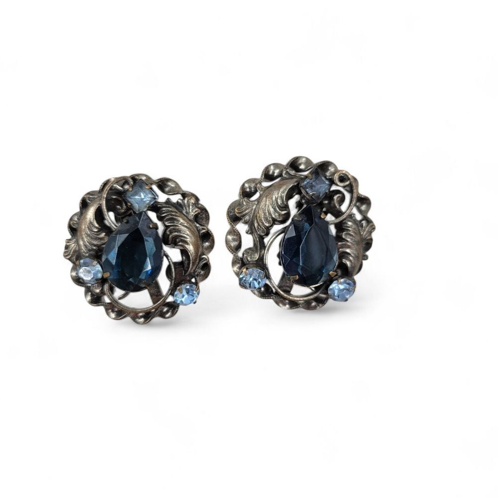 Antique Style Blue Teardrop Glass Gem  Clip-On Earrings Bezel Setting Vintage